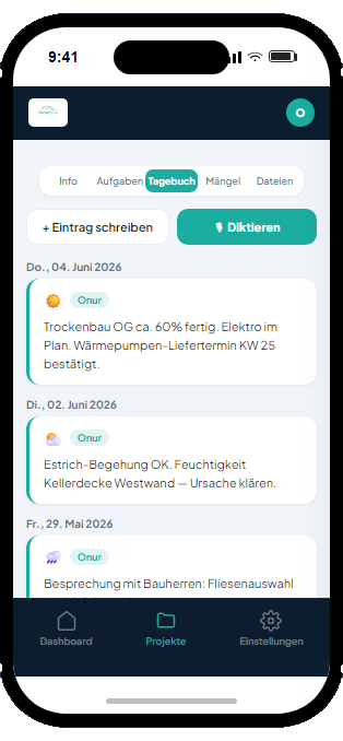 PROSERV-O App – Bautagebuch